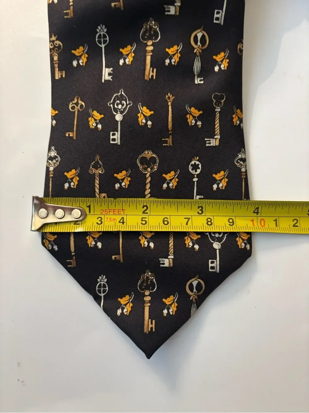 Vintage Longchamp Black Silk Tie with Gold and Silver Key Motif